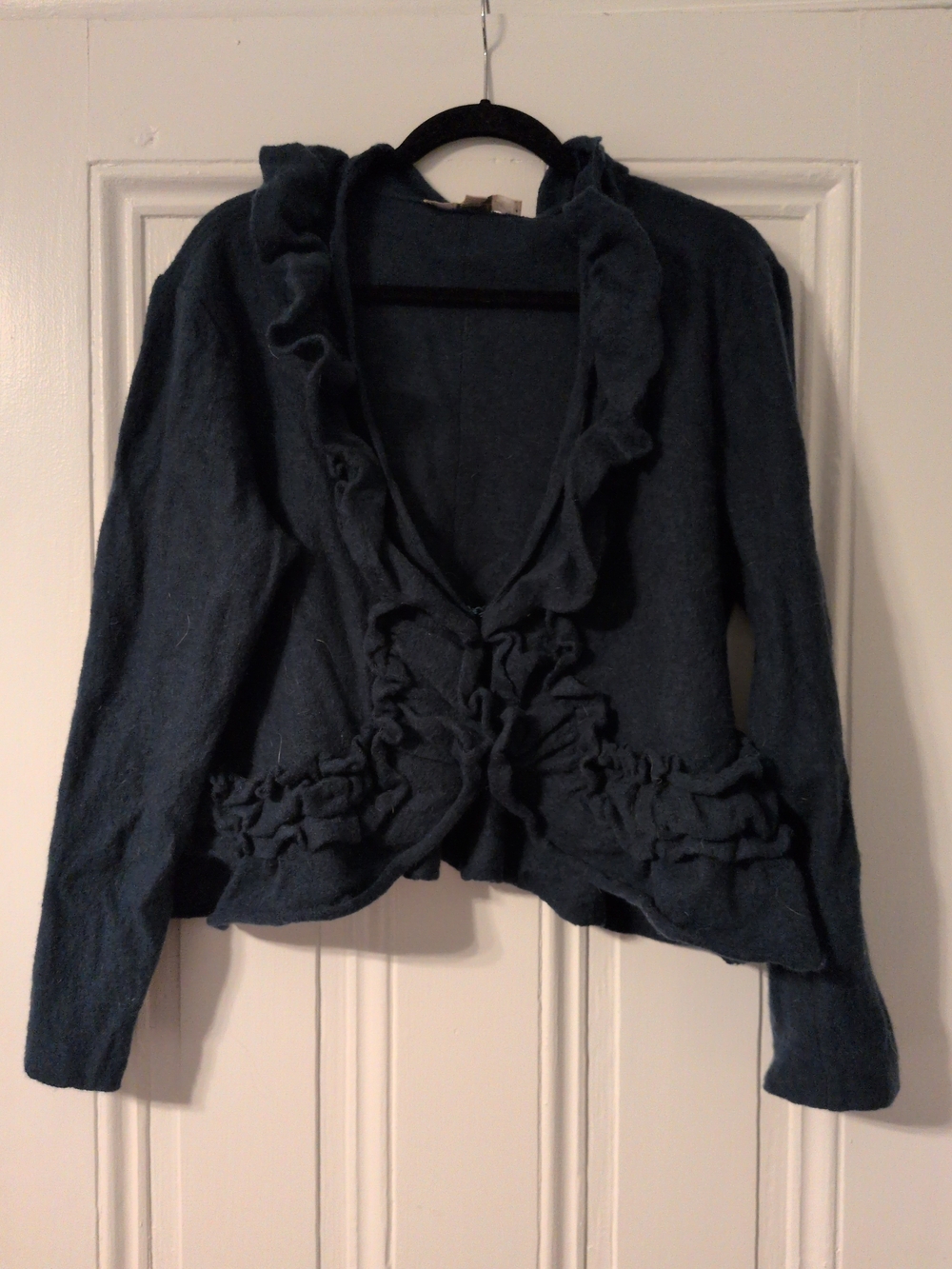 Ruffled Open-Front Cardigan Sweater - Dark Blue